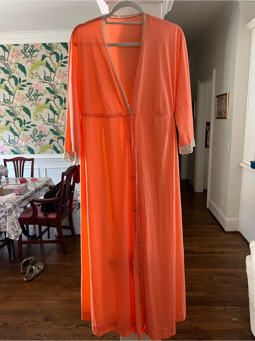 Vintage Vanity Fair Peach/Coral Peignoir Robe/Housecoat with Lace Trim